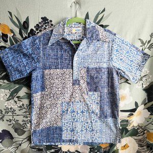 Vintage 60s ANDRADE Honolulu Mens Blue Batik Pattern Hawaiian Shirt Size Large